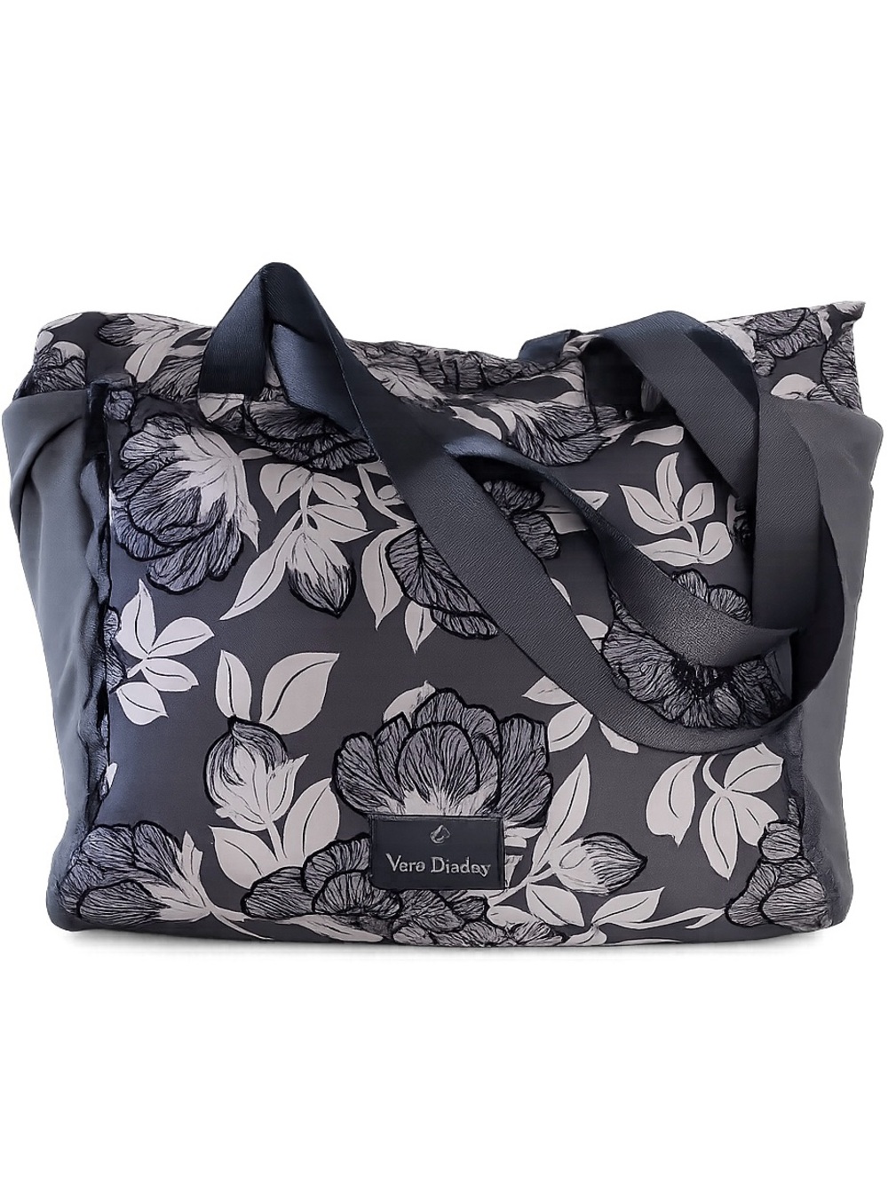 Vera Bradley Large Floral Performance Twill Tote Bag Gray Black White Travel Gym - Picture 2 of 11